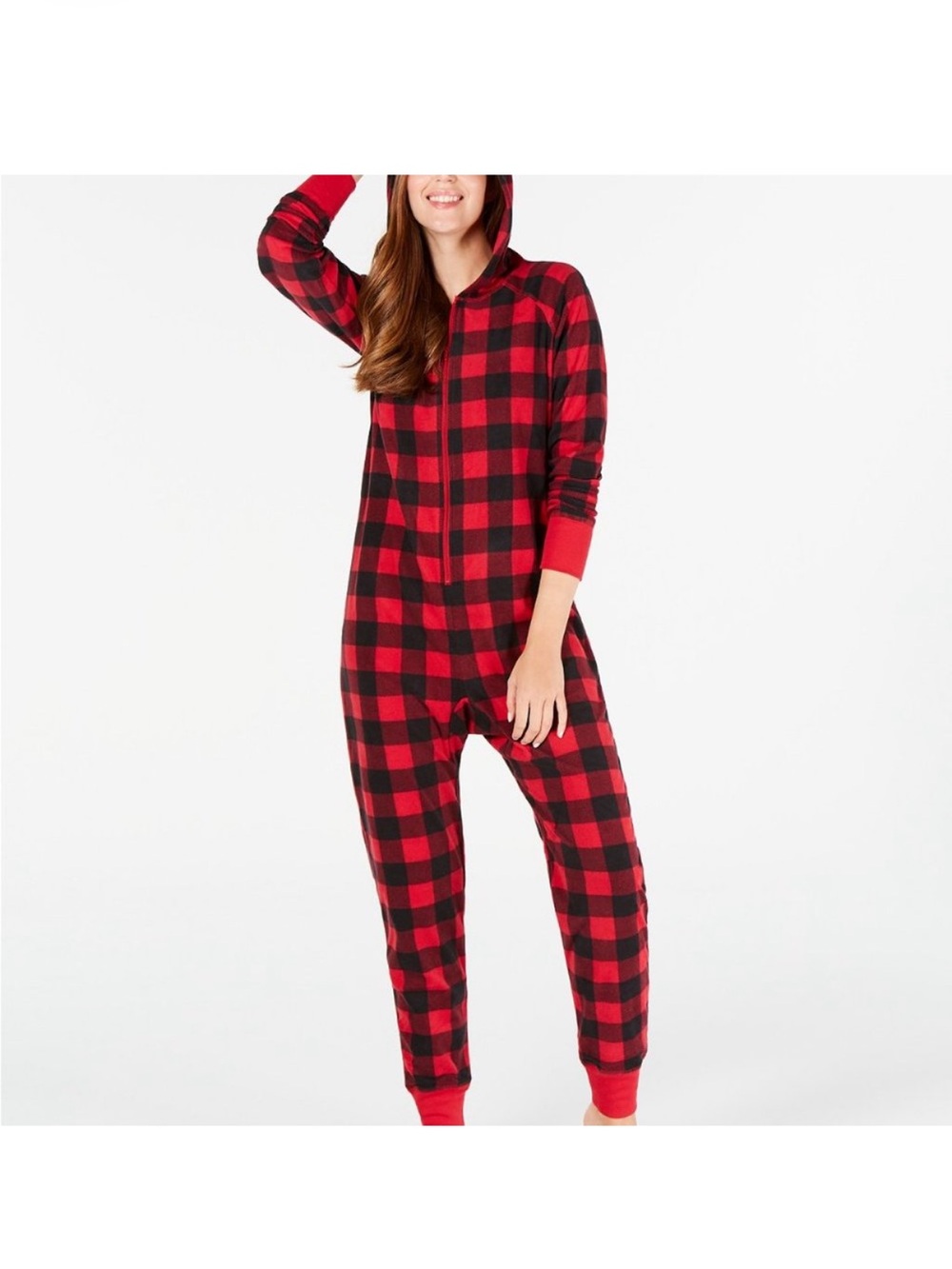 Family pjs from Macy red / black buffalo print hooded onesie pajamas, size 2X.